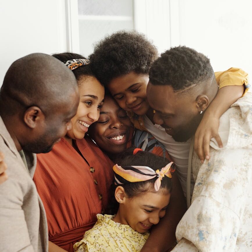 family gathering for a group hug