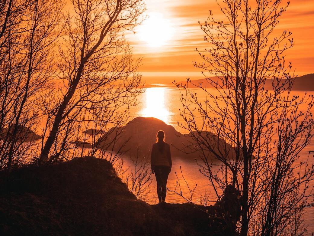 woman standing on cliff beside trees during sunset